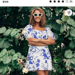 Celeste Blue and White Floral Print Puff Sleeve Mini Dress. Size medium.